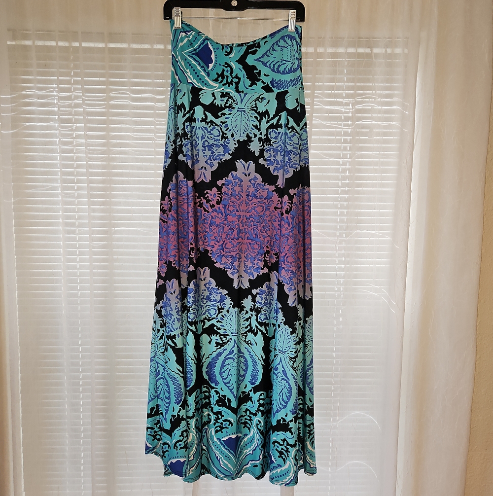 TRUE LIGHT Teal, Blue & Purple Print Stretchy Maxi Skirt